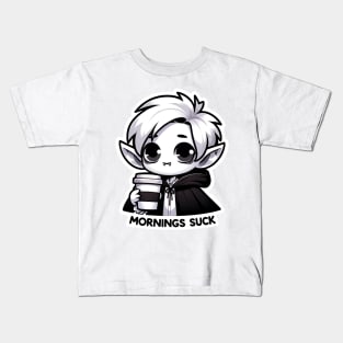 Mornings Suck Vampire Pun With Coffee Gothic Black and White Kids T-Shirt